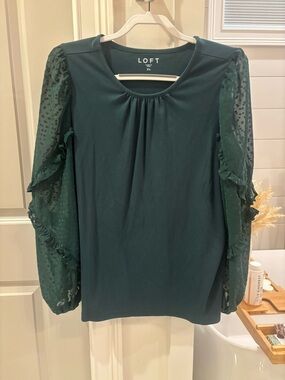 LOFT Deep Green Sheer Ruffle Sleeve Blouse